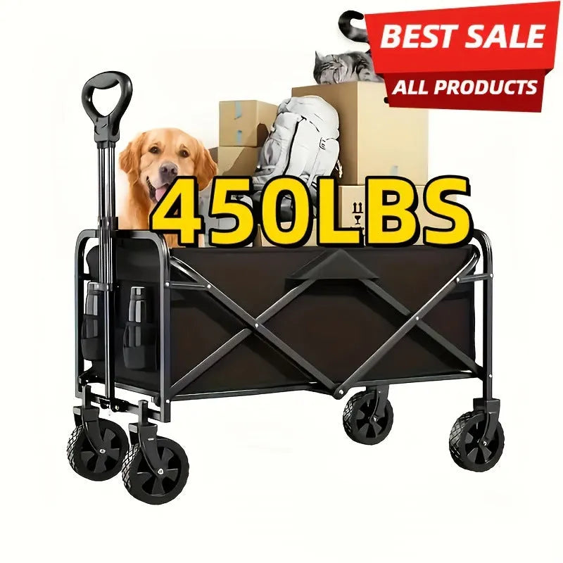 Collapsible heavy-duty metal garden wagon cart with foldable frame.