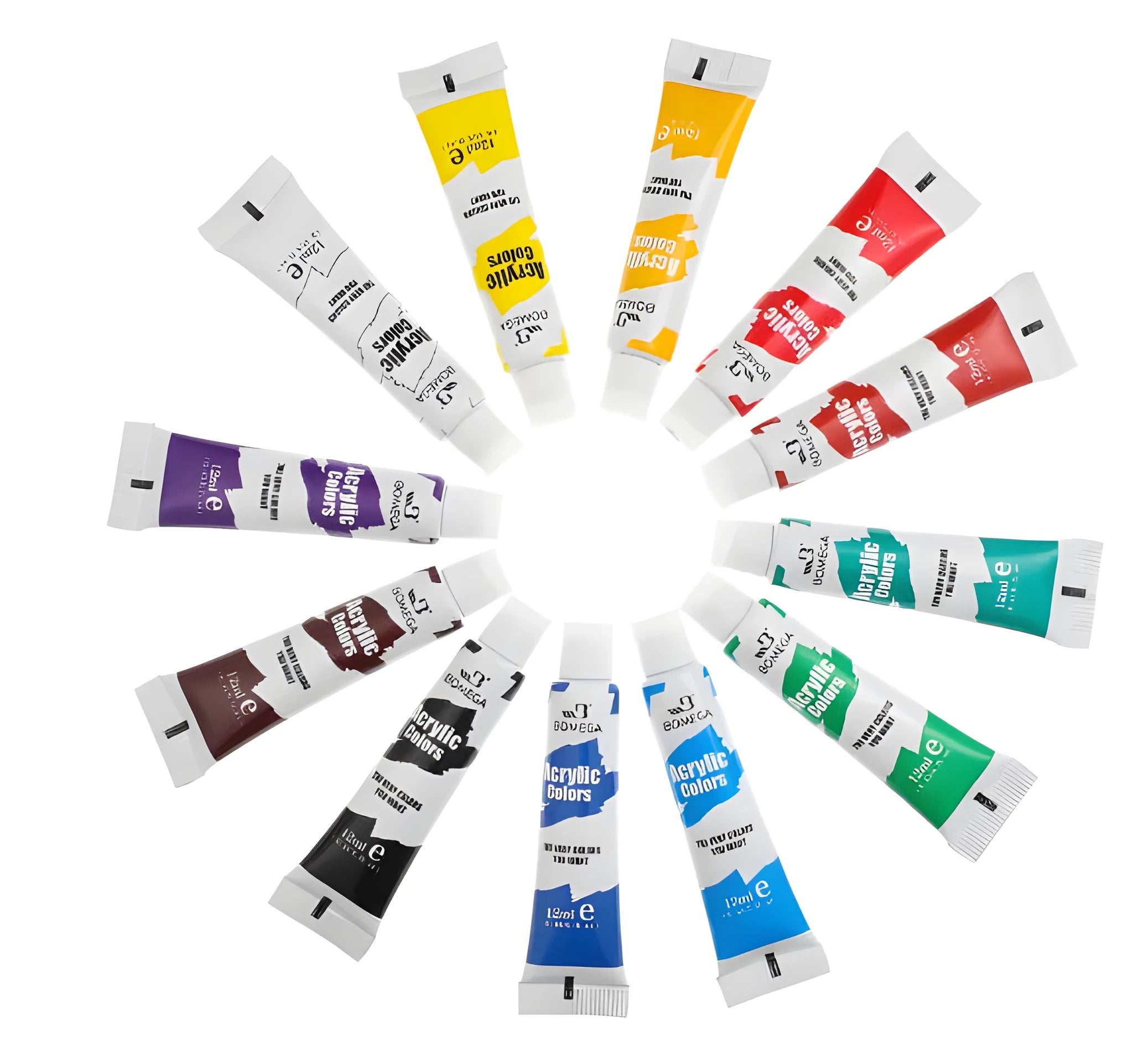 Strip of twelve tubes of artist paint in a 12-colour set for acrylic, gouache, watercolour, and oil painting mediums.