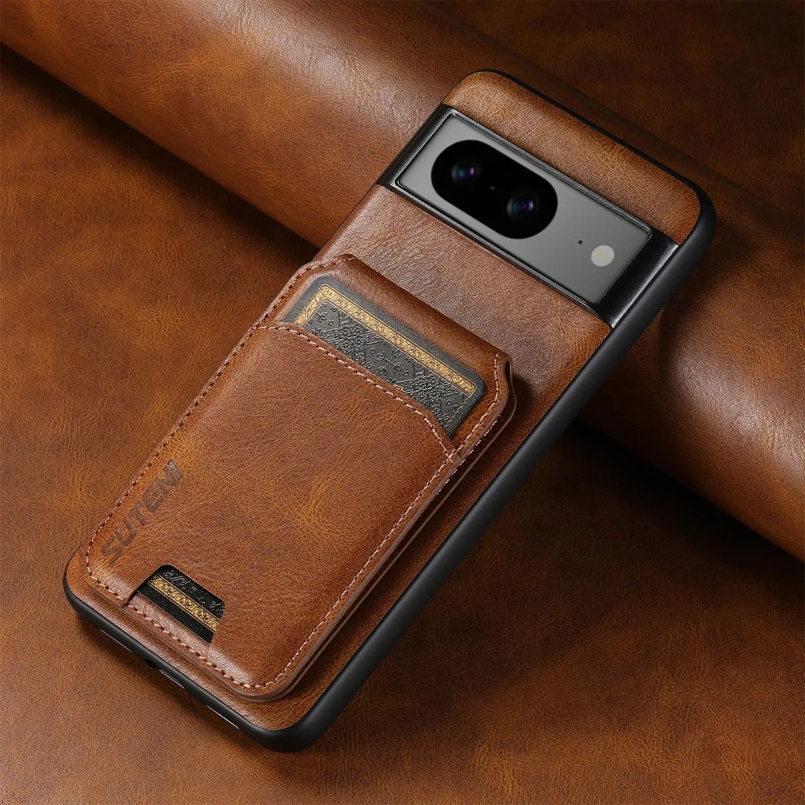 Black PU TPU leather-style back cover phone case with card slot and bracket for Samsung iPhone Google Pixel