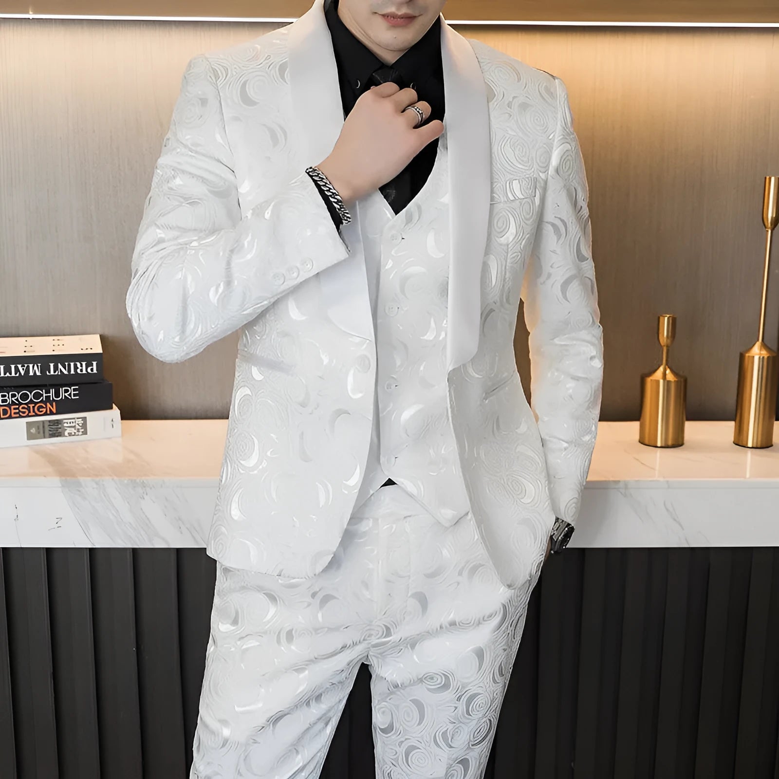 Men's wedding embossed three-piece suit in cotton blend with slim fit, white colour option