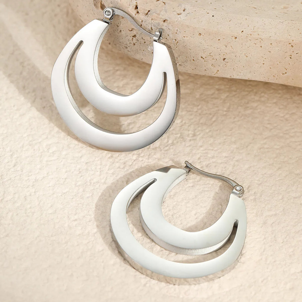Gold plated geometric French earrings with round ring design on stainless steel with 18K purity plating