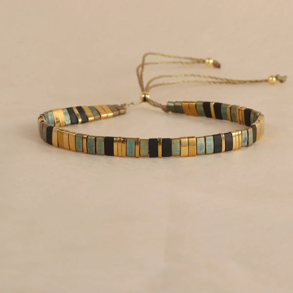 European fashion beaded bracelet with geometric glass and glaze beads in five colour options