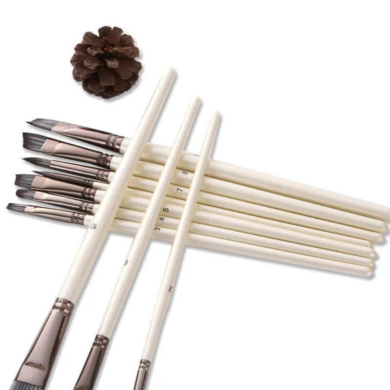 Set of 10 pearl white nylon watercolor brushes with wooden handles in PVC bag