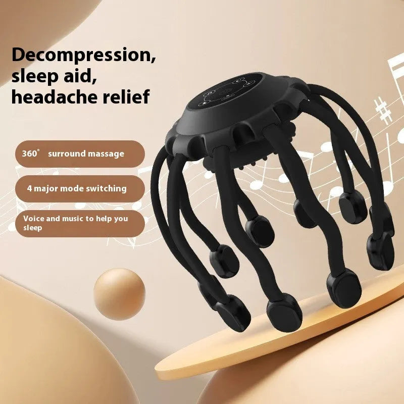 Black USB rechargeable head massager with multiple vibrating claws on a white background.