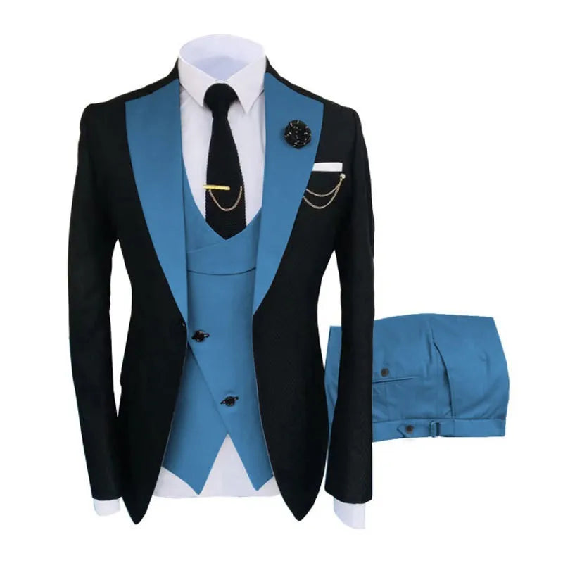 Men's slim fit cotton three-piece suit in charcoal grey with coat, waistcoat, and trousers