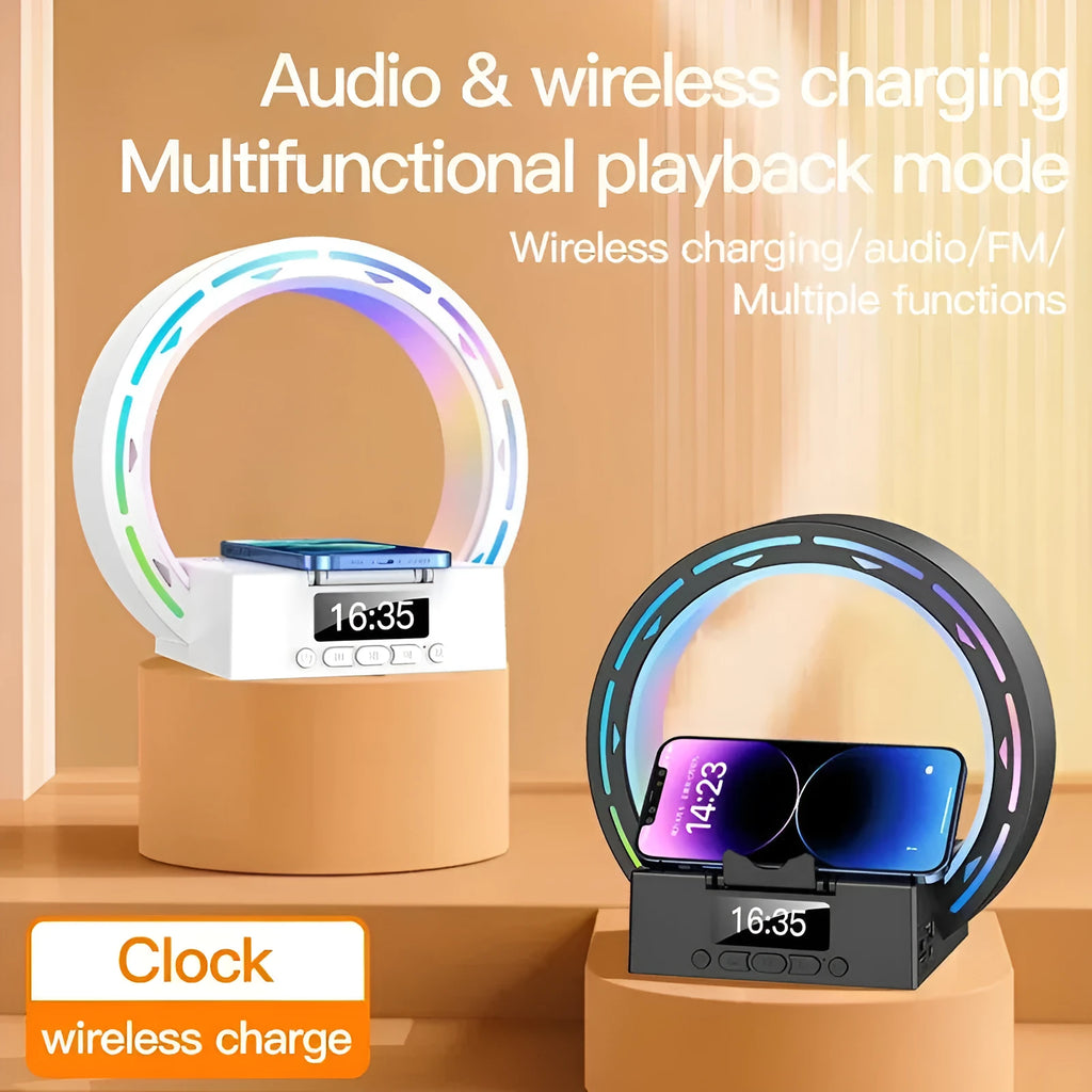 4-in-1 wireless Bluetooth speaker charging pad bedside lamp with alarm clock wake-up light in bedroom