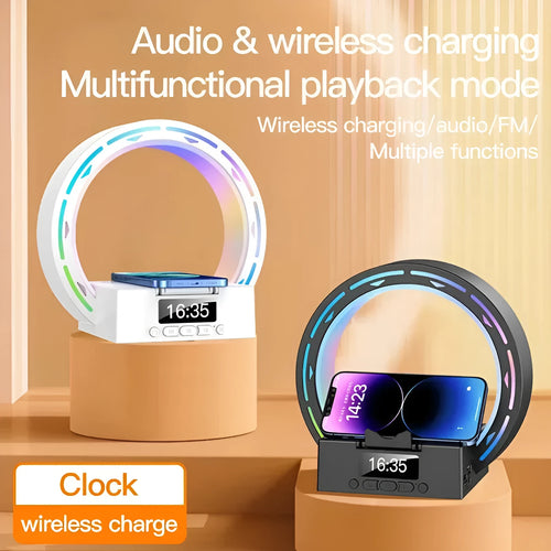4-in-1 wireless Bluetooth speaker charging pad bedside lamp with alarm clock wake-up light in bedroom