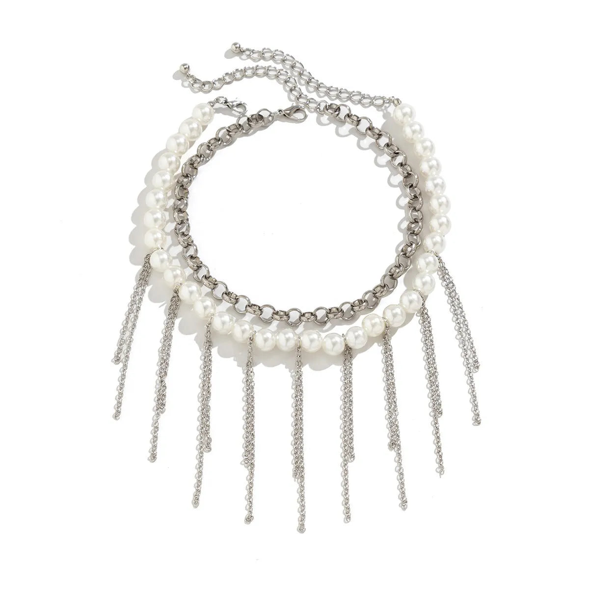 Imitation pearl tassel chain double-layer retro necklace with white K finish and geometric iron pendant