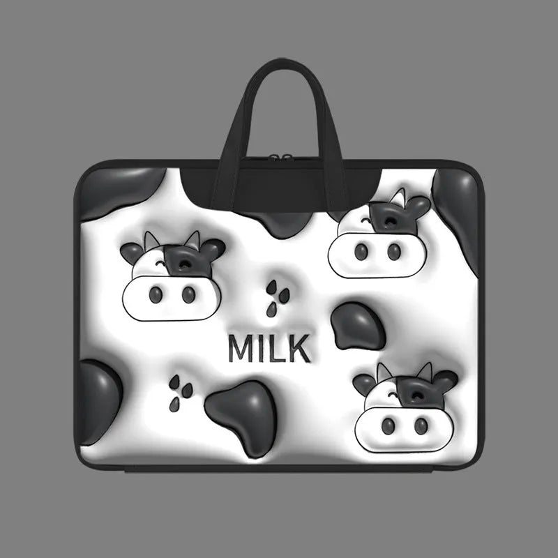 Inflatable laptop bag with PU leather lining and character design hanging from suitcase