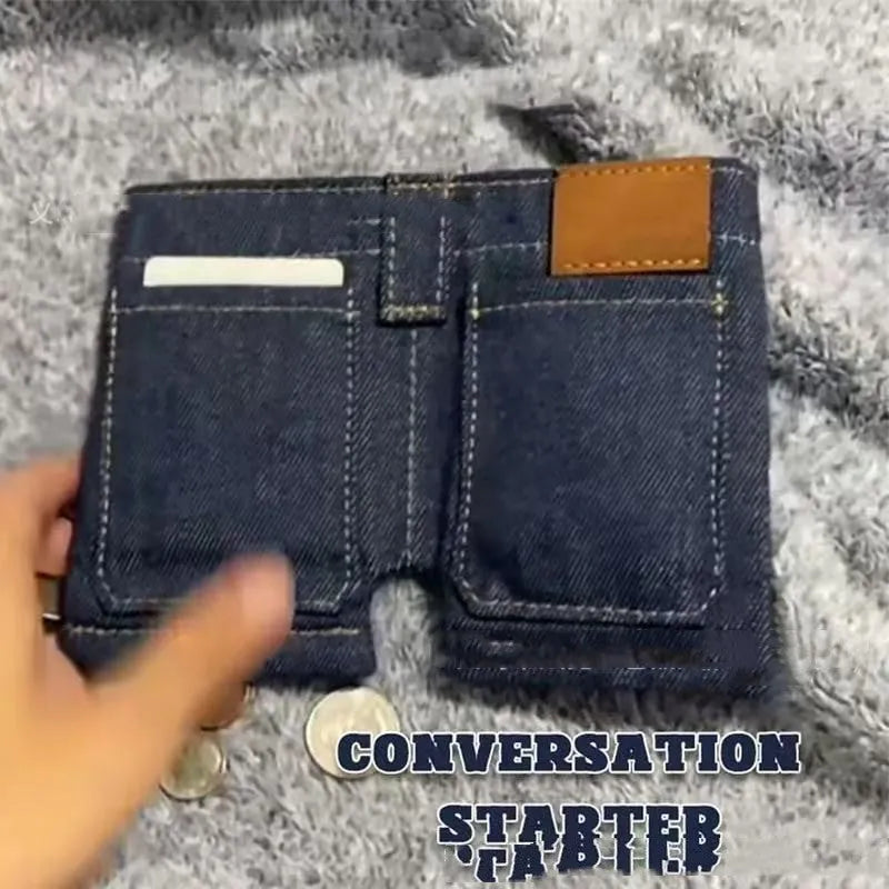 Foldable jeans shape coin purse in fabric material with American style design, jeans colour finish