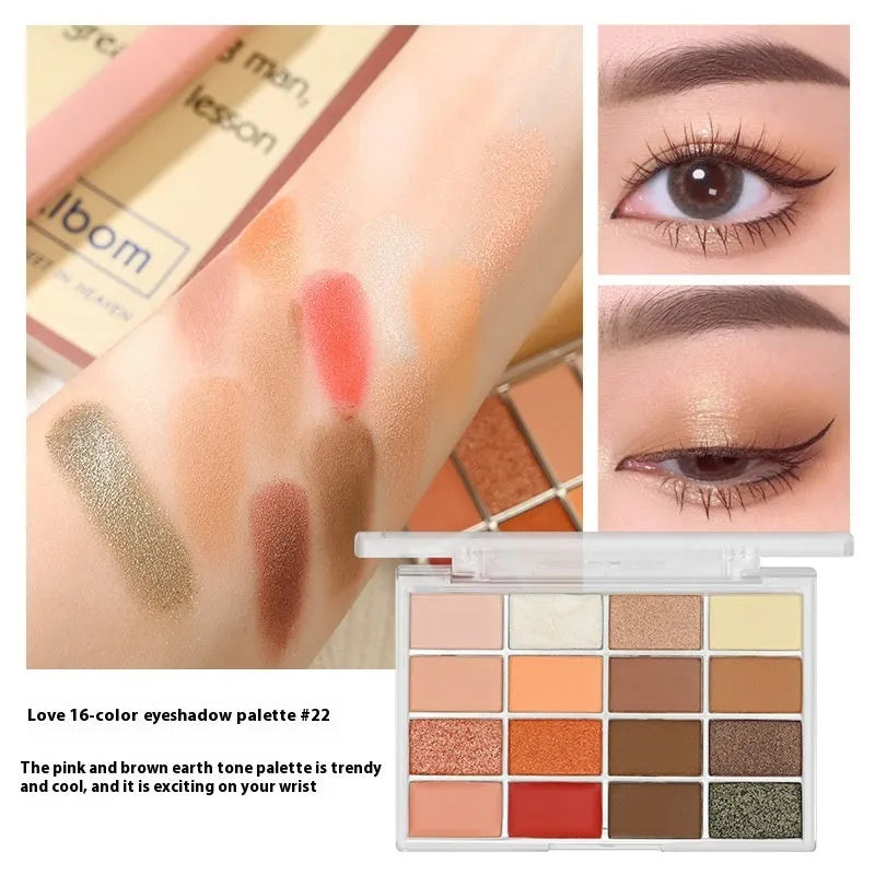 16 colour eyeshadow palette showing shimmer and matte shades in pink, brown and lavender colours