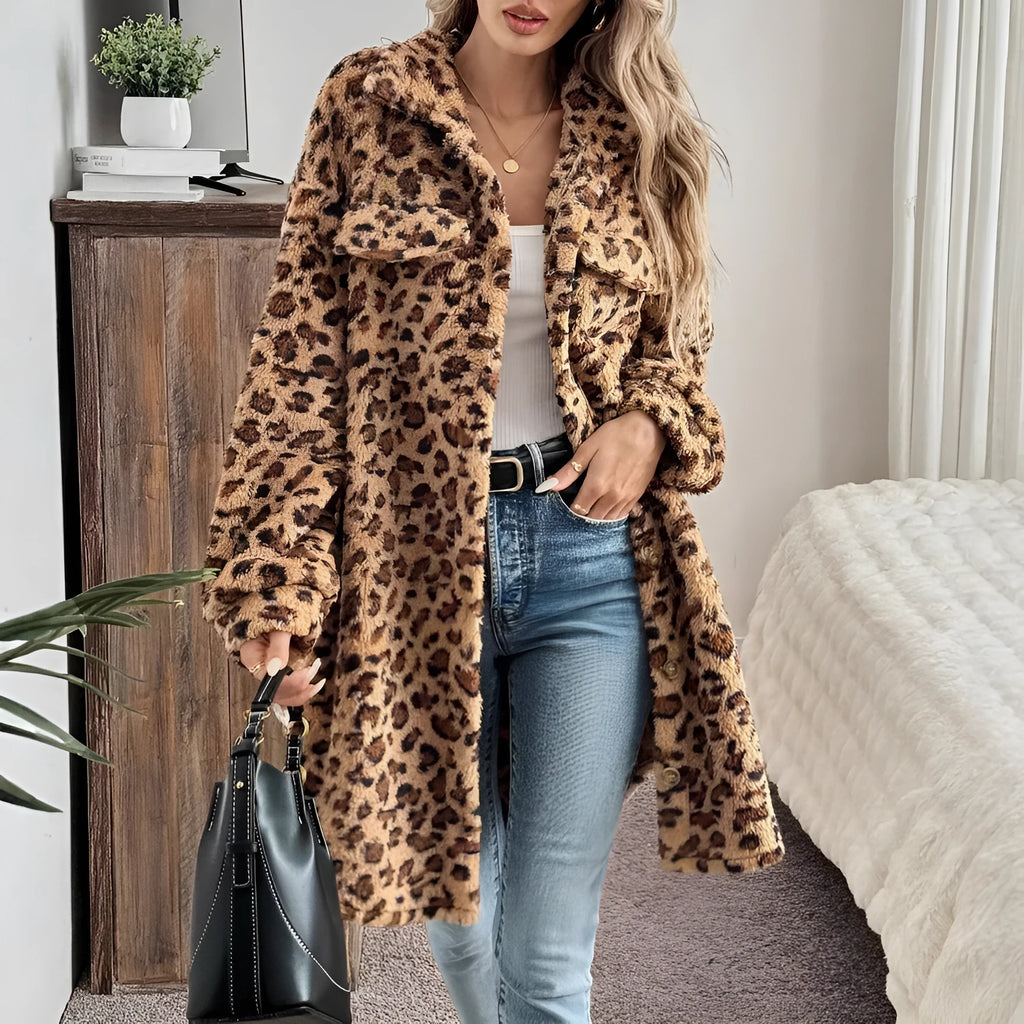 Double-sided plush long cardigan for women in dark brown with animal pattern, soft fleece texture