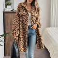 Double-sided plush long cardigan for women in dark brown with animal pattern, soft fleece texture