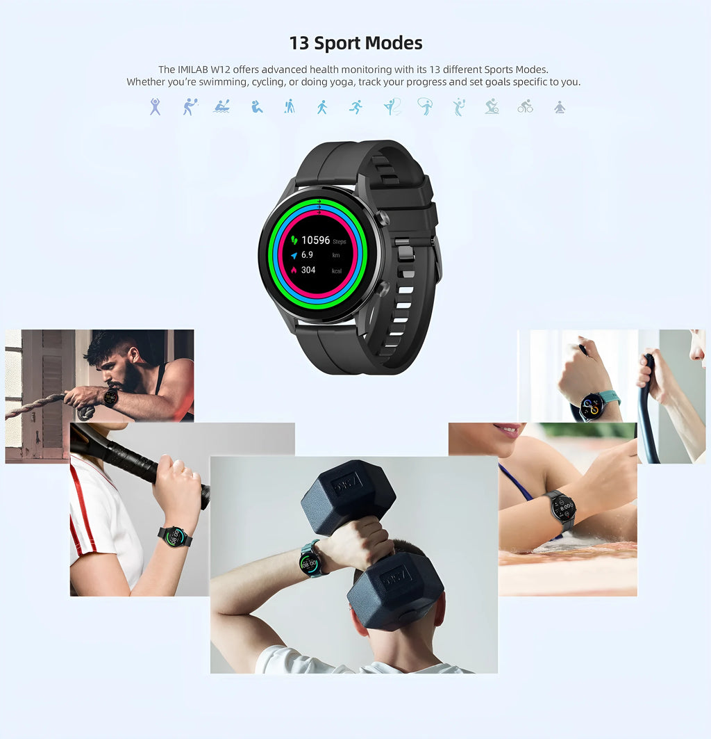 IMILAB W12 Smart Watch Black with 1.32-inch HD screen, rubber strap, and heart rate sensor