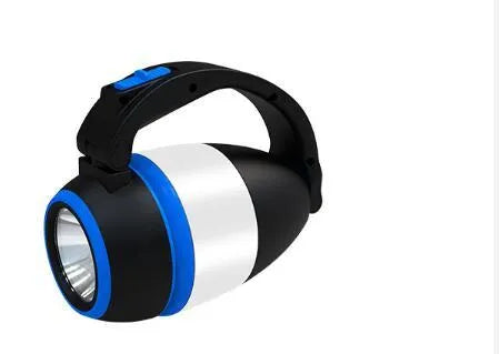 Black green multifunctional LED camping lamp with adjustable head, shown with USB cable.