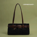 Retro leopard print shoulder bag in horizontal square shape, PU material, double straps, 30x15x10cm
