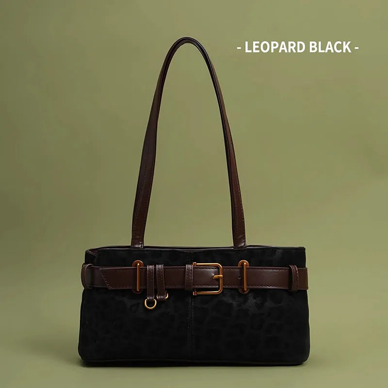 Retro leopard print shoulder bag in horizontal square shape, PU material, double straps, 30x15x10cm