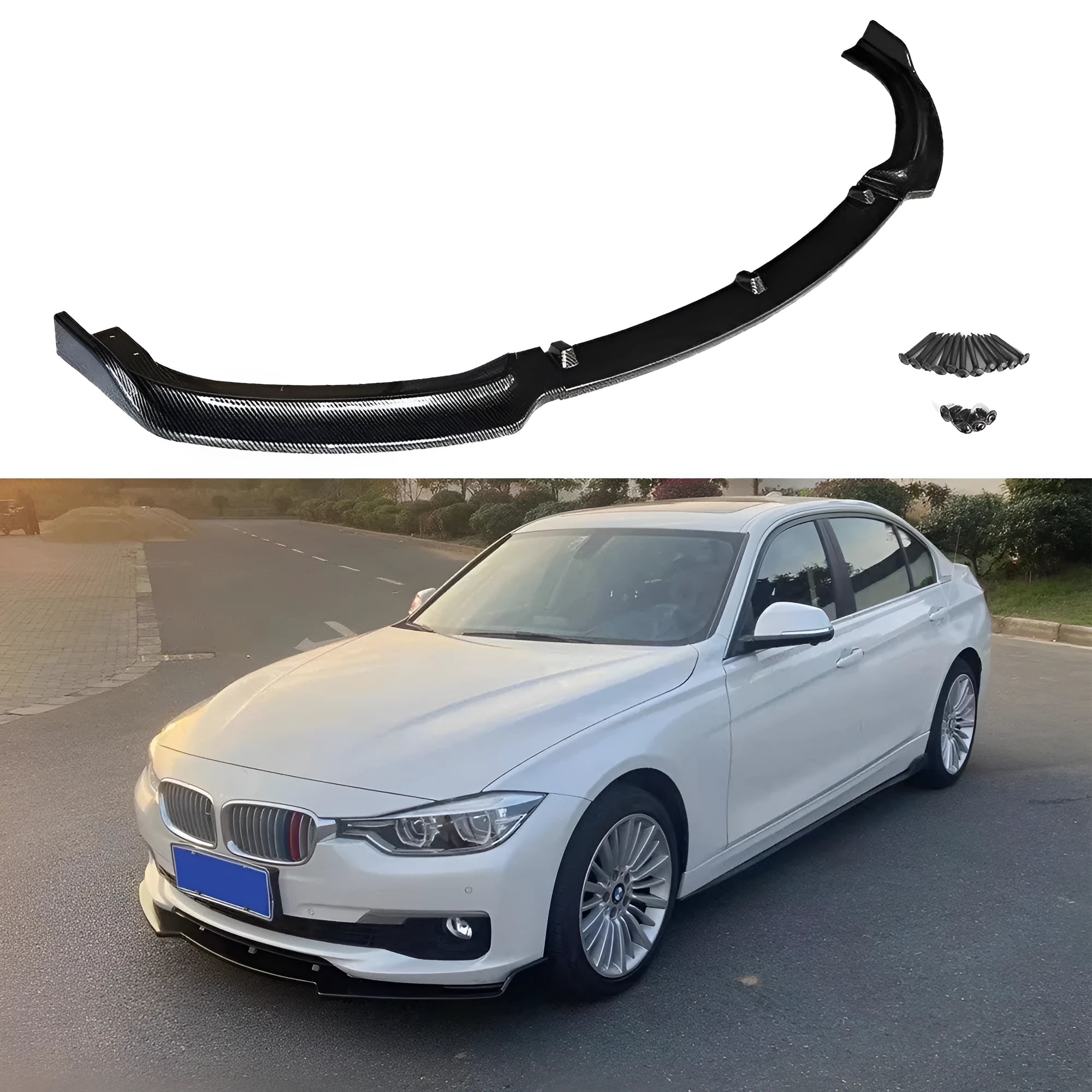 BMW 3 Series F30 F35 front bumper lip spoiler in black, showing its 96cm length and profile.