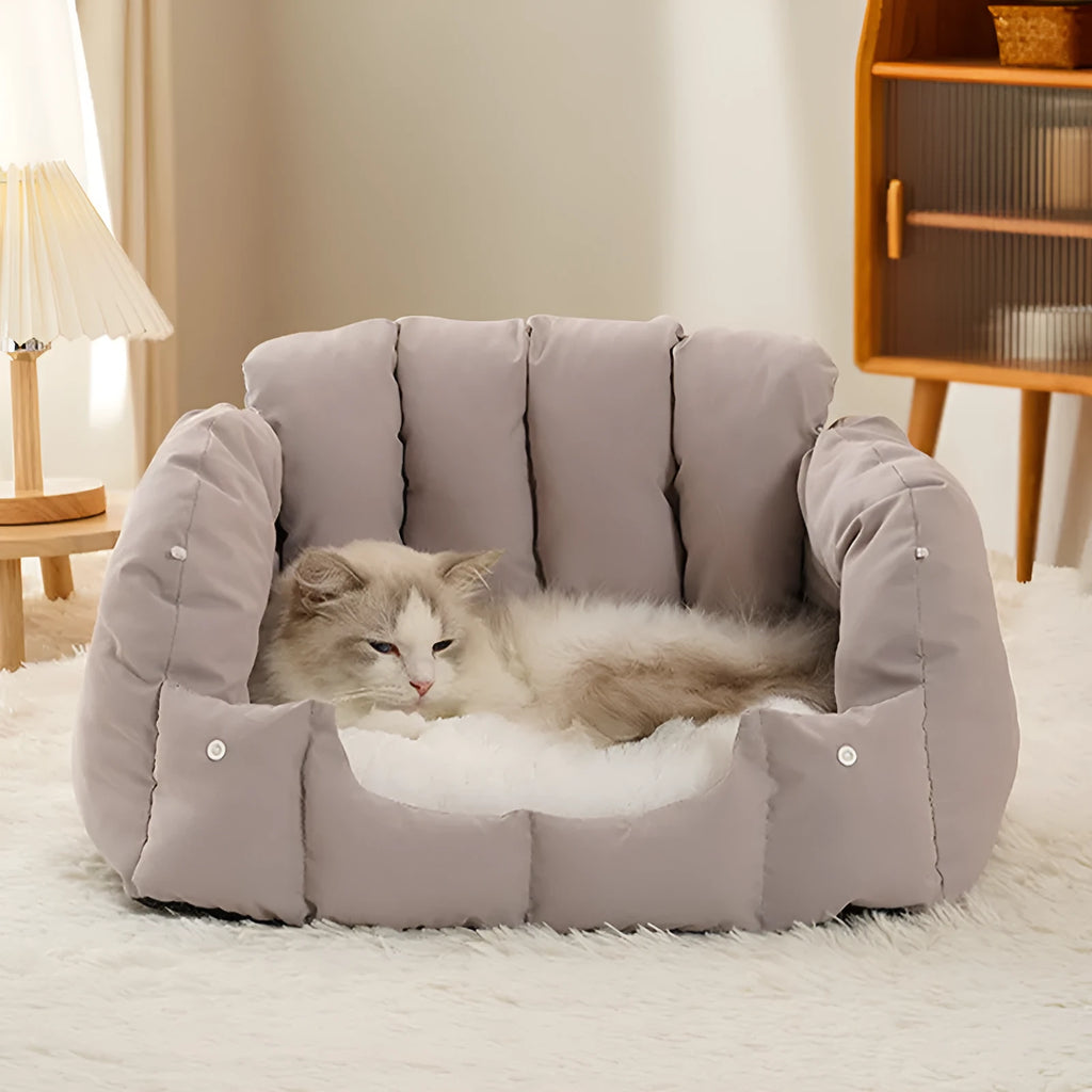 Grey arched cat nest functioning as enclosed pet bed and open sofa for cats and small dogs