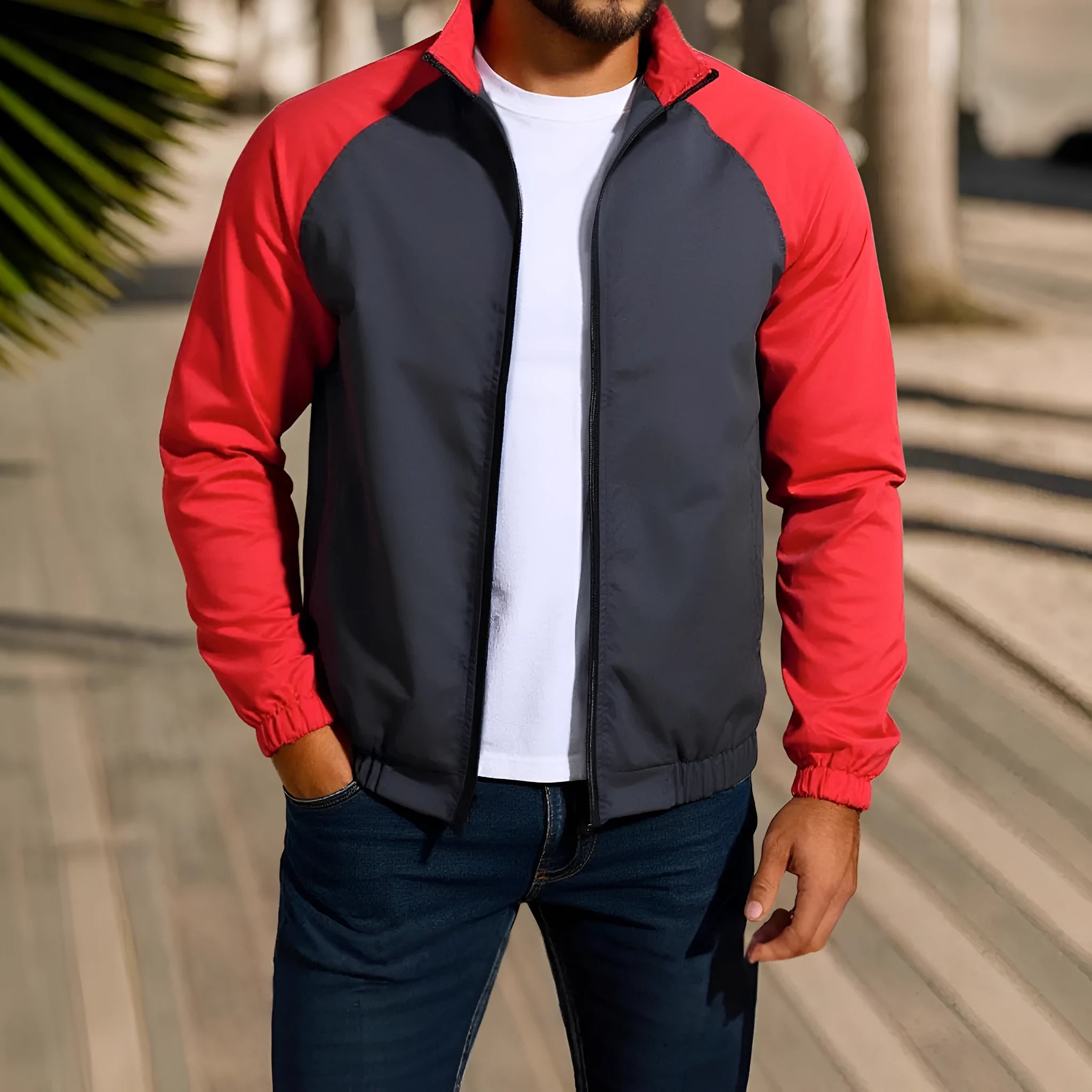 Men's casual coat with stand collar and contrast colour, raglan sleeves, loose fit, in red colour