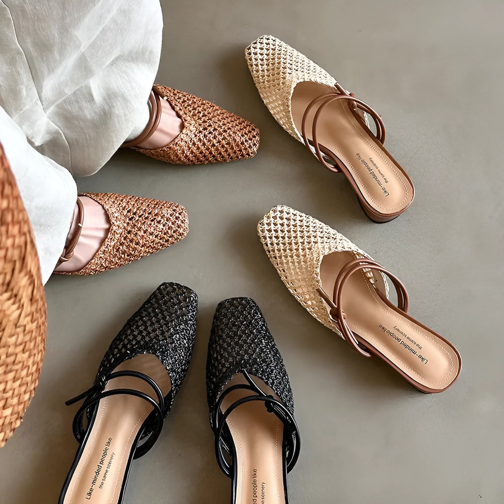 Women's French style square toe half slippers with hollow-out design and chunky heel