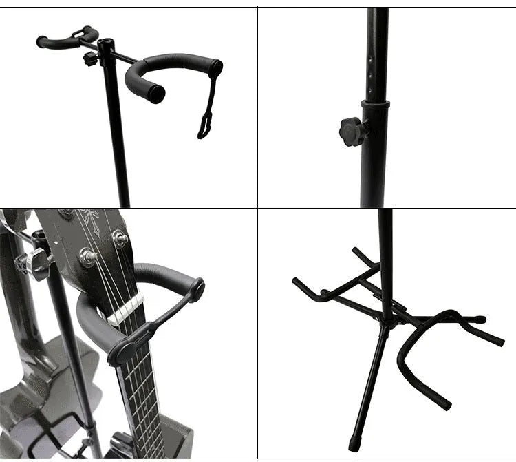 Black vertical double-headed adjustable guitar stand holding two guitars