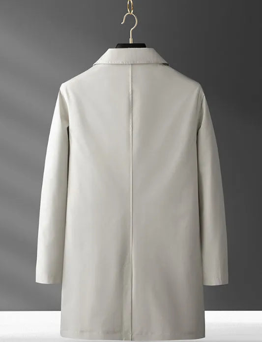 Men's lightweight Korean style trench coat in khaki, modal polyester blend, full-length casual overcoat front view