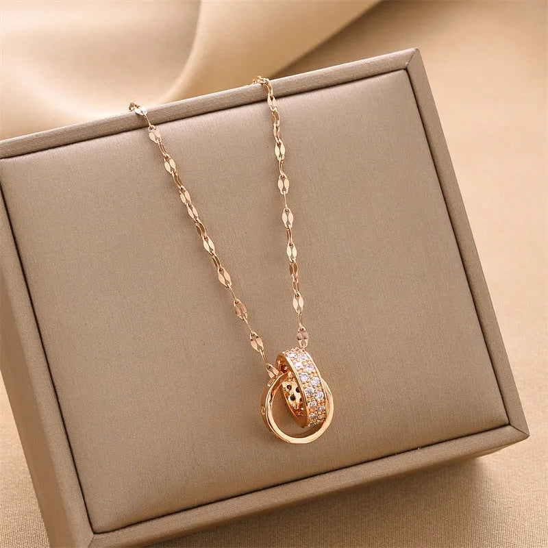 Double ring titanium steel necklace for women, gold finish, simple design, electroplated
