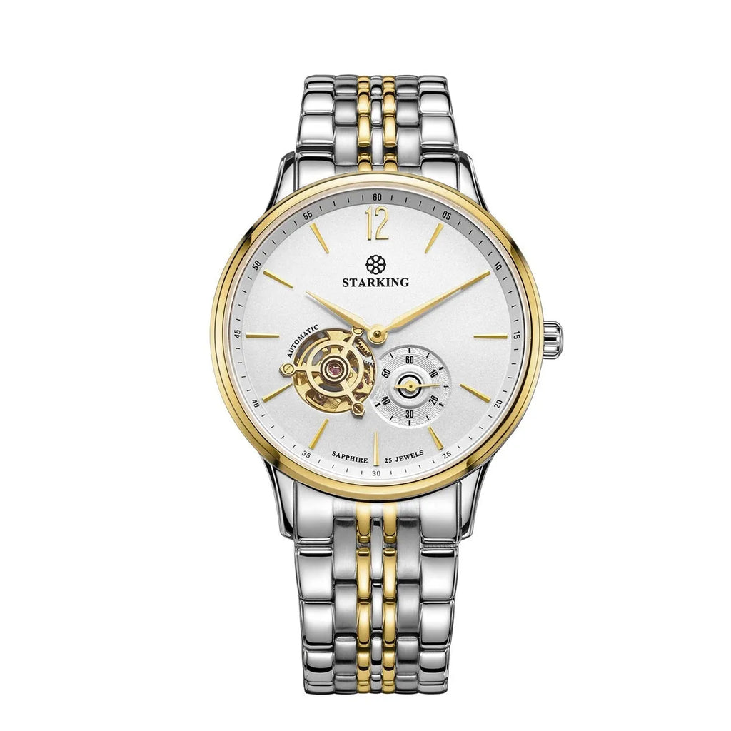 Automatic mechanical men's business watch with circular dial on brown leather strap.