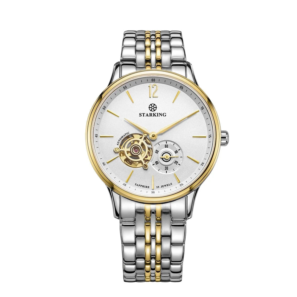 Automatic mechanical men's business watch with circular dial on brown leather strap.