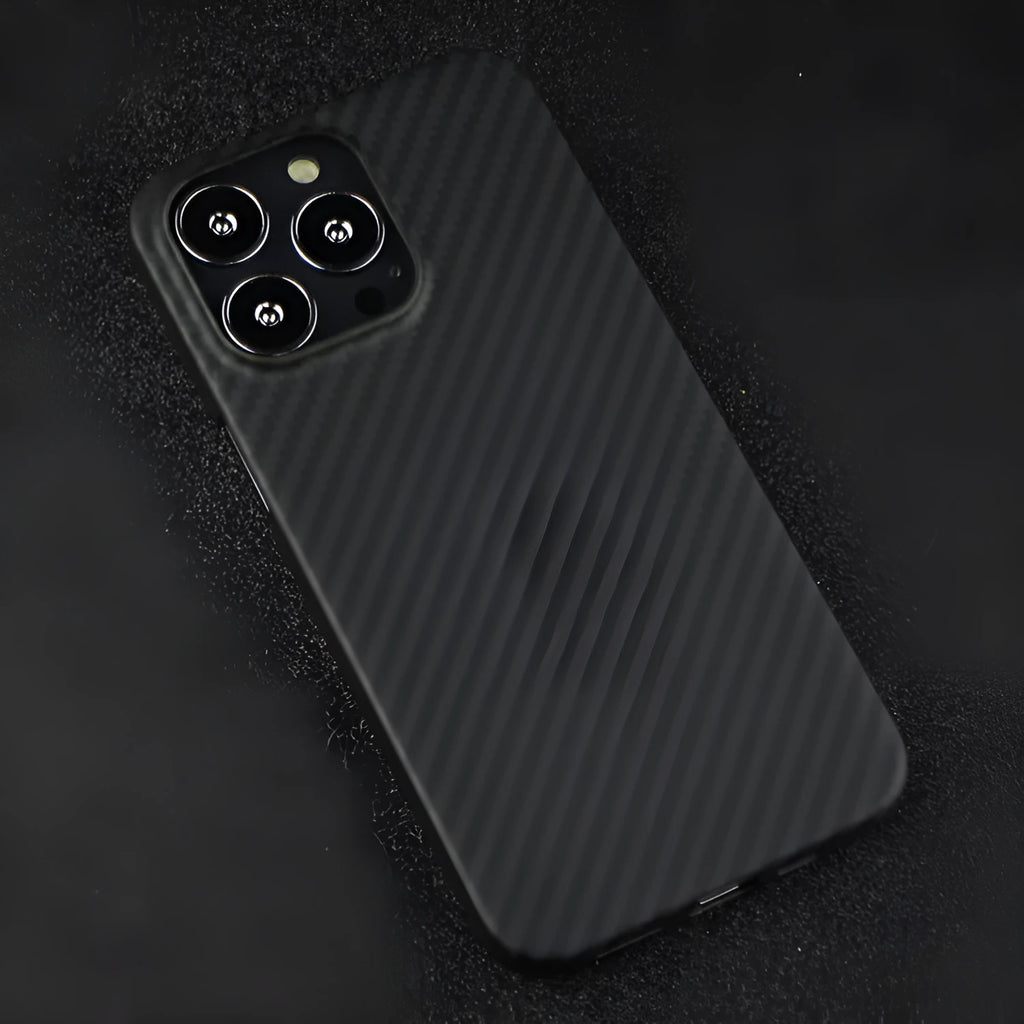 Slim Kevlar fibre iPhone back case with stripe detail and textured black finish.