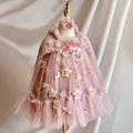 Pink children's spaghetti-strap princess dress with flower print and bow detail, cotton lining, available in 100cm to 140cm height sizes