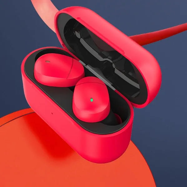 Flame red Qualcomm TWS 3040 Bluetooth earbuds with charging cable