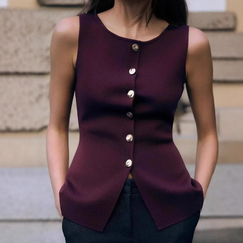 Dark red women's sweater vest with gold buttons and 3D patterns, V-neck slim fit design