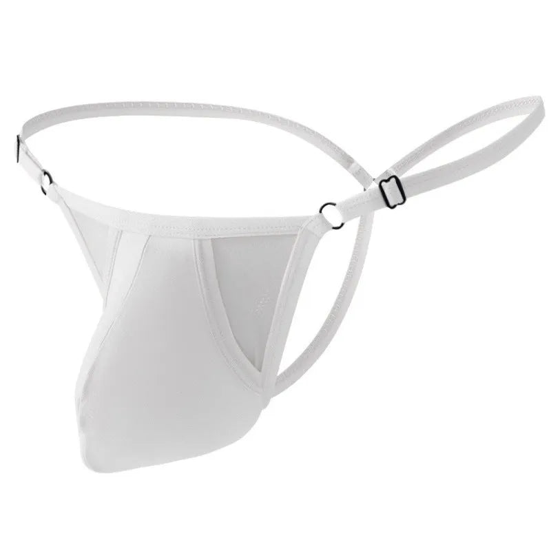 Men's ice silk T-back bag panties with geometric pattern and adjustable thin straps