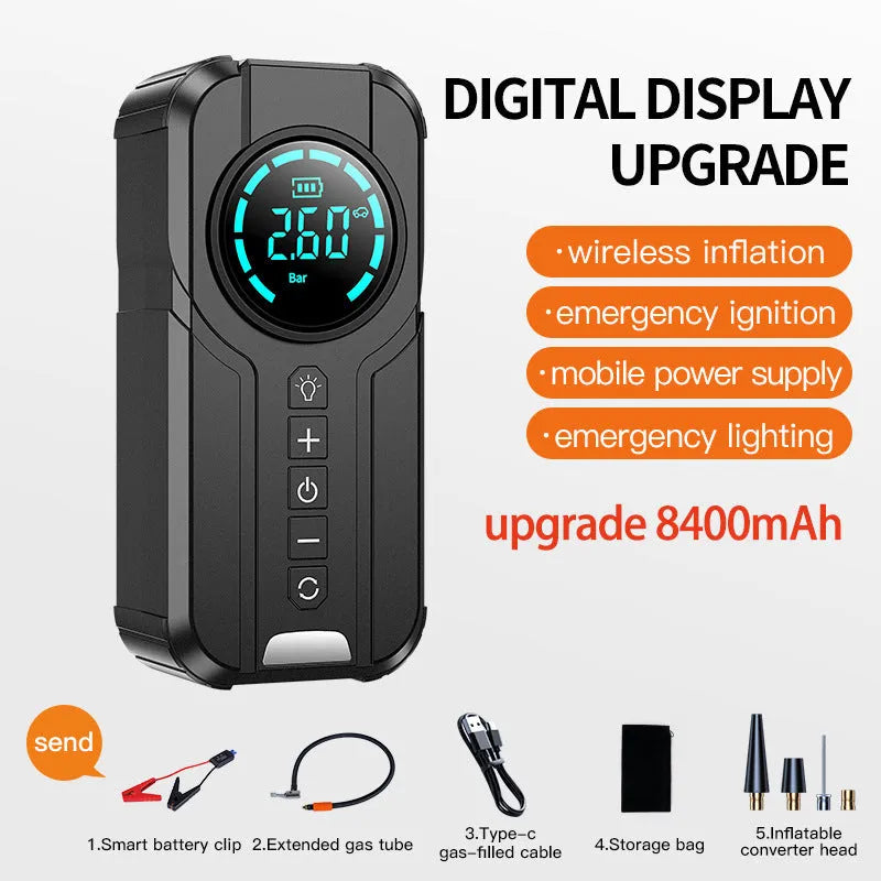 Black portable wireless vehicle air pump with digital display, 13cm hose, and accessories on a grey background