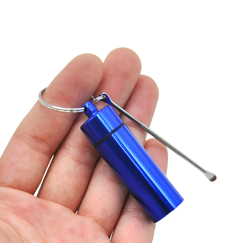 Aluminum portable pill box with spoon and keychain in five colour options
