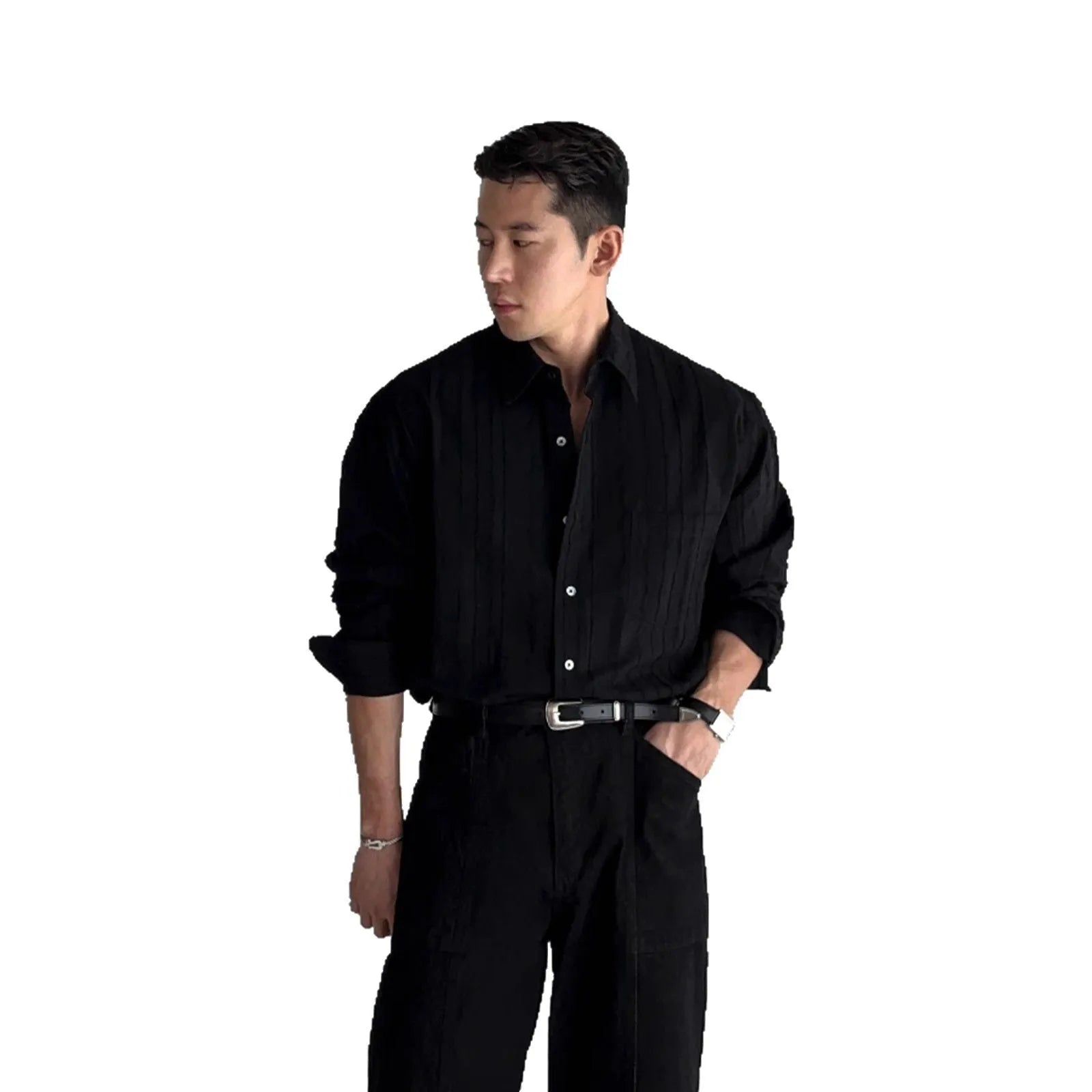 Long sleeve loose fit black polyester cardigan shirt with front pocket