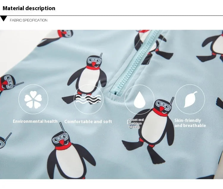 Boys' penguin print two-piece swim set with long sleeve rash guard top and matching swimming cap