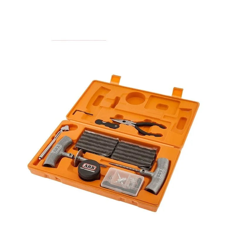 Speedy Seal emergency tyre repair kit with tools and pressure gauge in yellow case