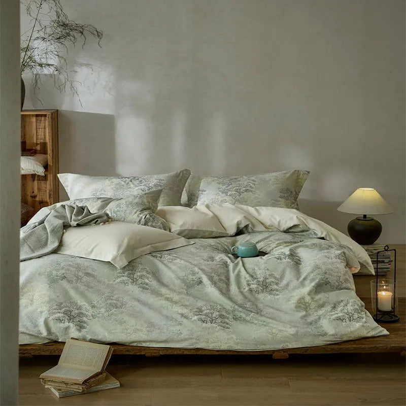 Cotton and linen yarn-dyed printed bed sheet set with plants and flowers pattern in beige, four-piece double bedding