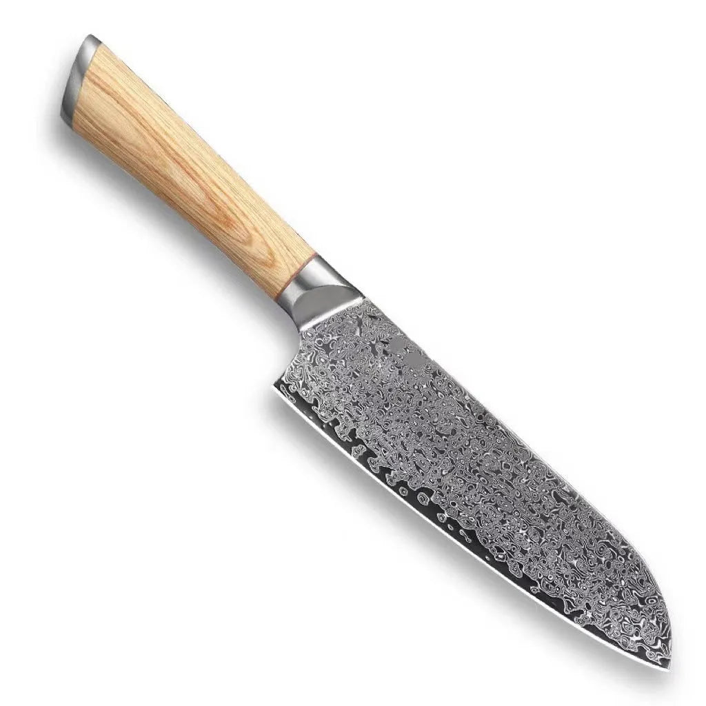 Damascus pattern kitchen knife set with V gold steel core showing 67-layer folded construction