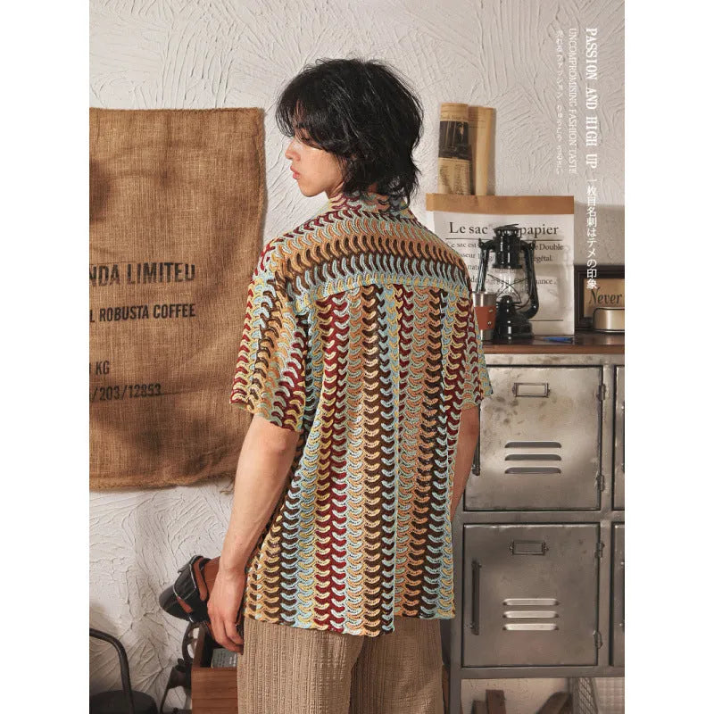Plus size Cuban collar short sleeve shirt with jacquard patterning in grey or red