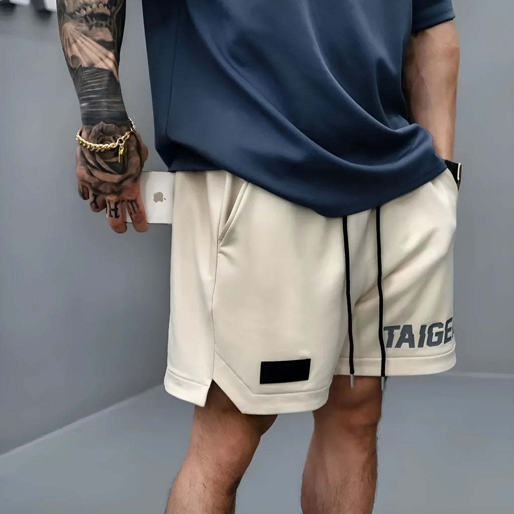 Loose men's side zipper shorts in khaki for fitness exercise running cotton blend moisture absorption