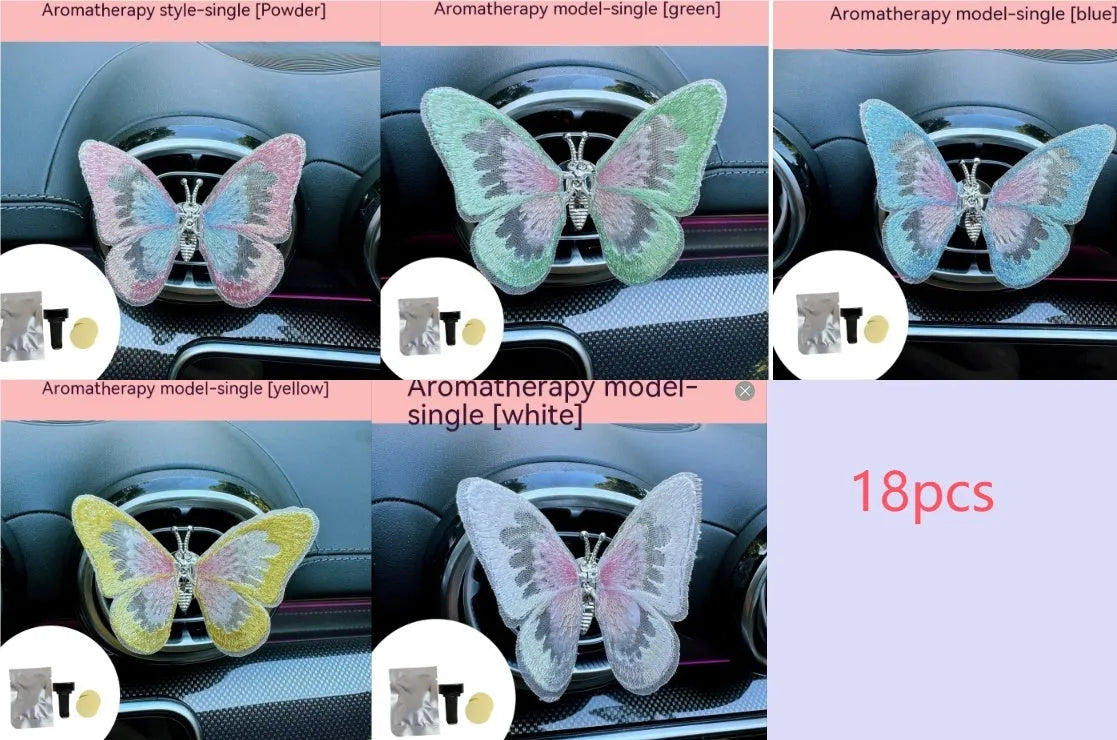 Soft fabric embroidered butterfly car air vent decoration in multiple colour options on a centre console.