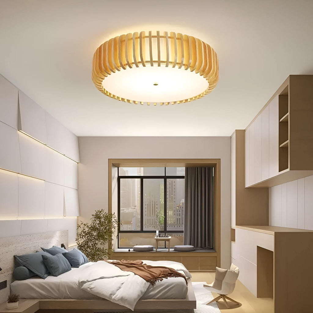 Japanese-style log LED ceiling lamp with three heads, Nordic wood design, 35 cm diameter
