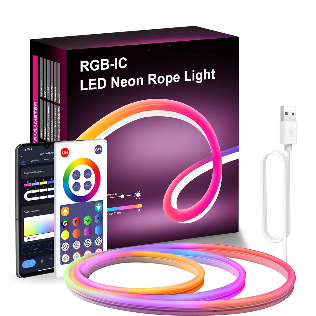 3-metre long RGB LED neon light strip with remote control on a white background.