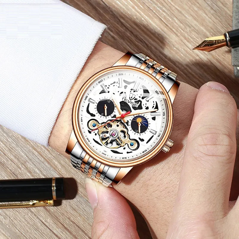 Men's black mechanical watch with skeleton dial showing tourbillon, luminous hands, on a leather strap.