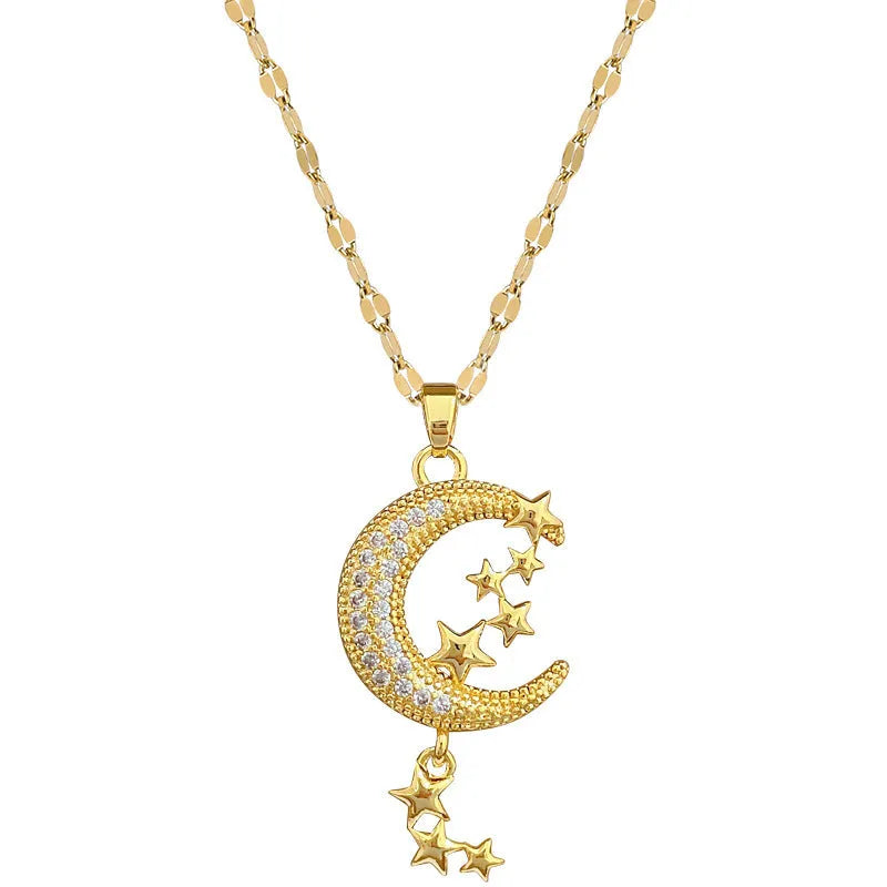 A218 geometric moon pendant necklace with diamond-cut facets and a dangling tassel on a silver chain.