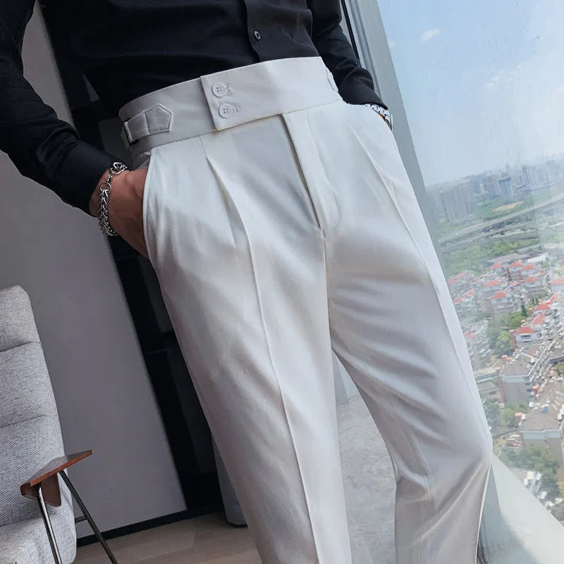Straight-leg casual polyester trousers on a hanger, shown in a solid colour.